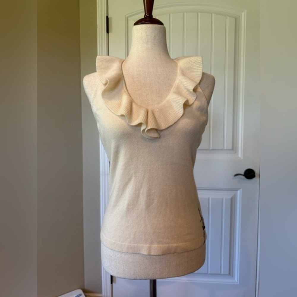 Ann Taylor Cashmere Cream Ruffle Neck Sleeveless Sweater Top Womens Size S - Picture 3 of 6